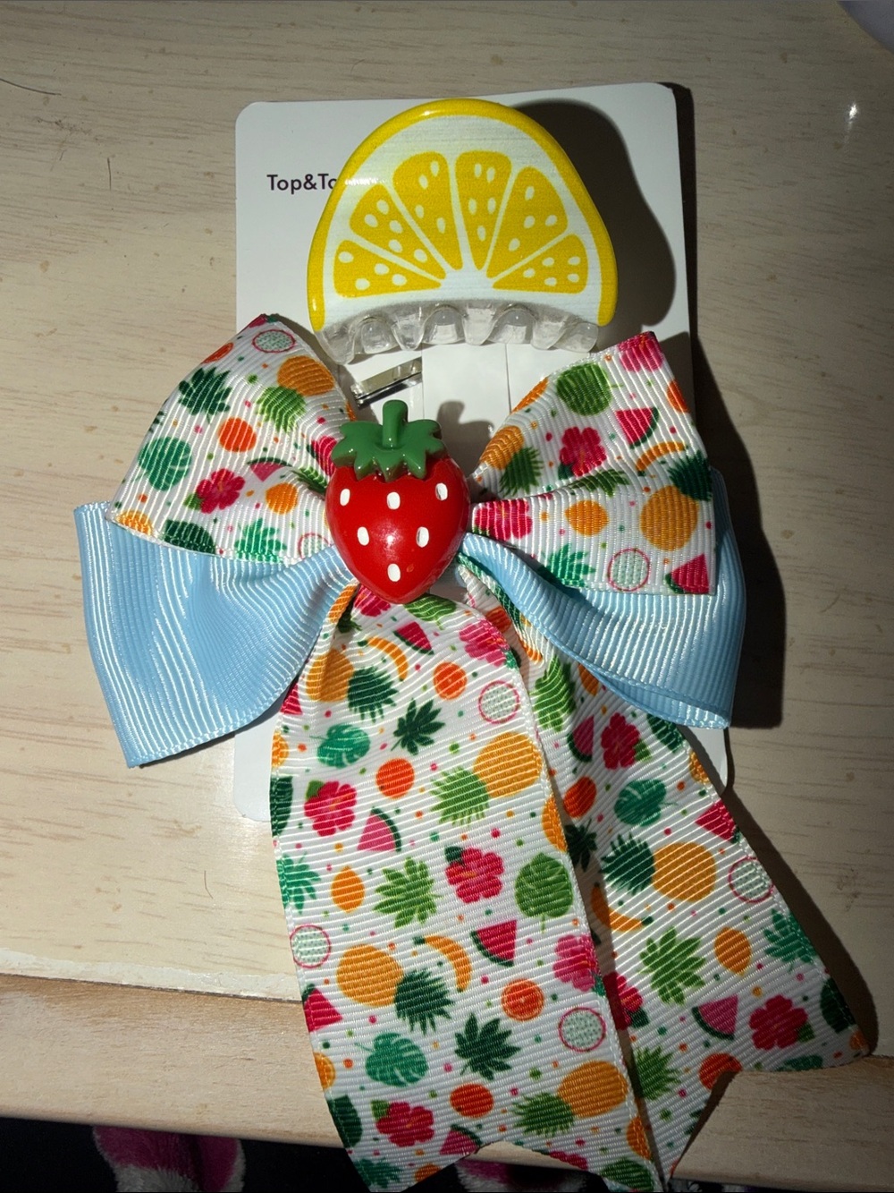 Kids Fruit Pattern Hair Bow Clip with Strawberry Accent - Multi/Light Blue